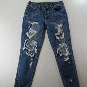 American Eagle Next Level Stretch Womens Jeans Size 4s Blue Mid Rise Distressed